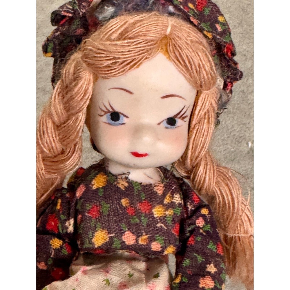 Vintage Miniature Porcelain Doll Floral Dress Red Boots Braided Yarn Hair 6 inch